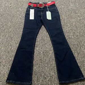 Elegant Navy Boot Cut Jeans with Red Belt